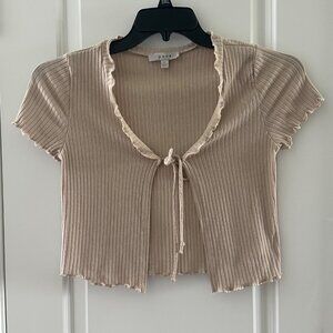 Ribbed Beige Tie-Front Crop Top With Ruffle Trim By Gaze Short Sleeve Size S